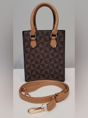 Structured Brown Geometric Triangle Mini Satchel Crossbody Bag with Tan Handles